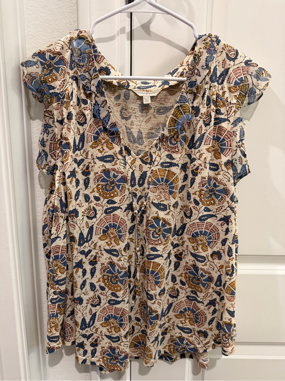 Lucky Brand Cream Blouse with Blue and Pink Paisley Print - Picture 2 of 4